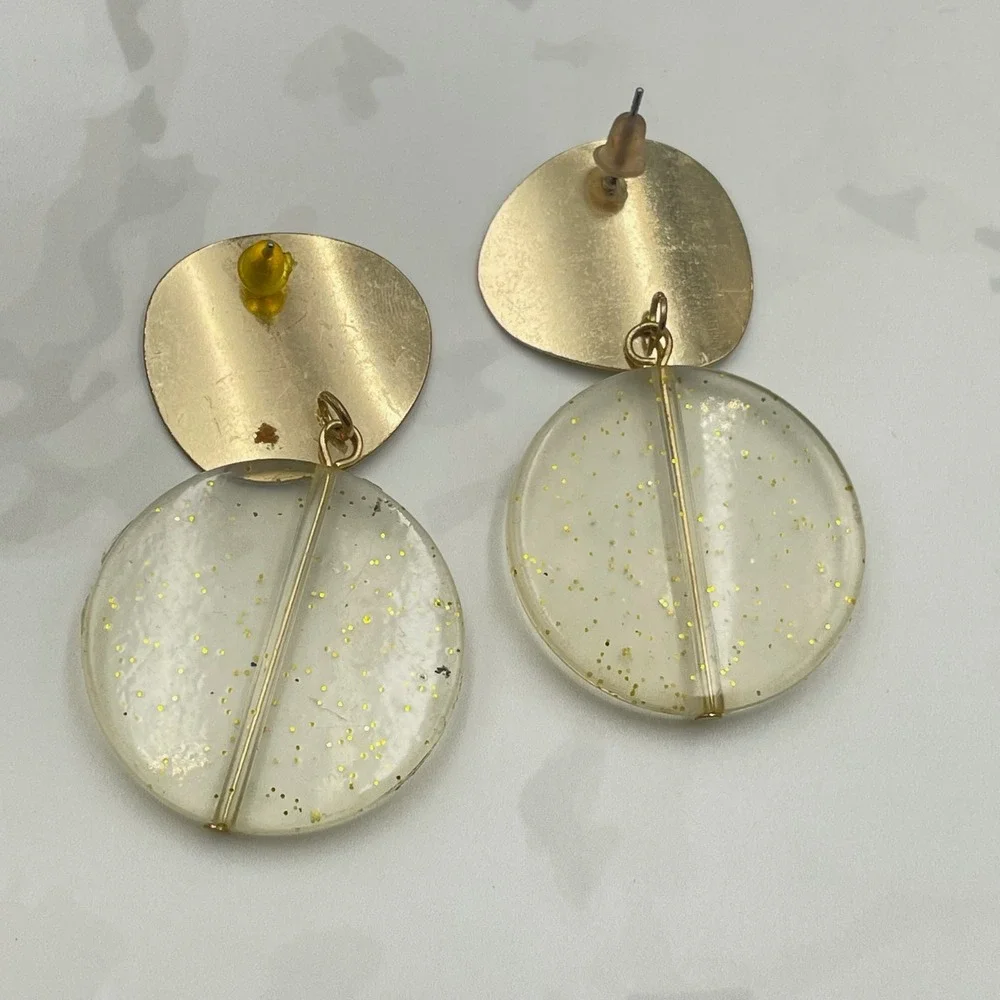 Vintage‎ Gold Tone Earrings Disc Drop Clear Glitter Acrylic Large Boho Statement
